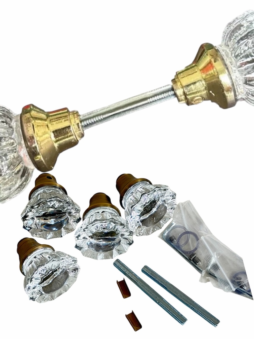 Glass Crystal Door Knob Set with Brass Base - Clear